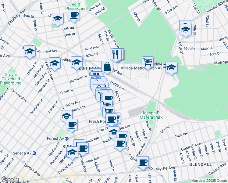 map of restaurants, bars, coffee shops, grocery stores, and more near 6401 Traffic Avenue in Queens