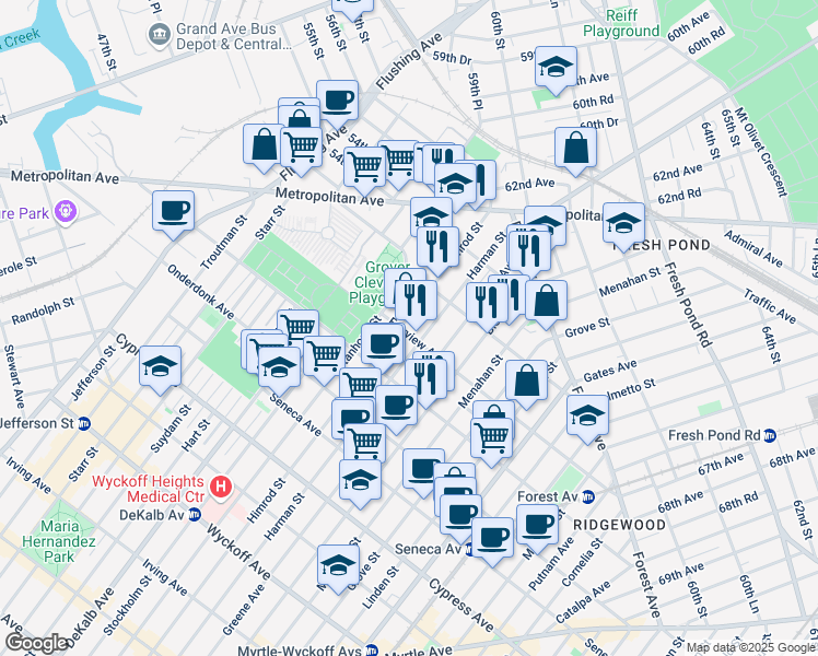 map of restaurants, bars, coffee shops, grocery stores, and more near 20-28 Himrod Street in Queens