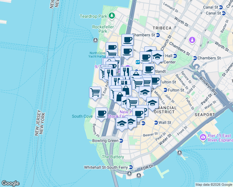 map of restaurants, bars, coffee shops, grocery stores, and more near 68 West Street in New York