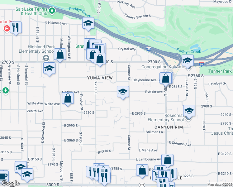 map of restaurants, bars, coffee shops, grocery stores, and more near 2103 East Atkin Avenue in Salt Lake City