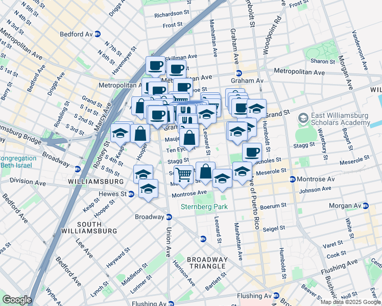 map of restaurants, bars, coffee shops, grocery stores, and more near 49 Ten Eyck Street in Brooklyn