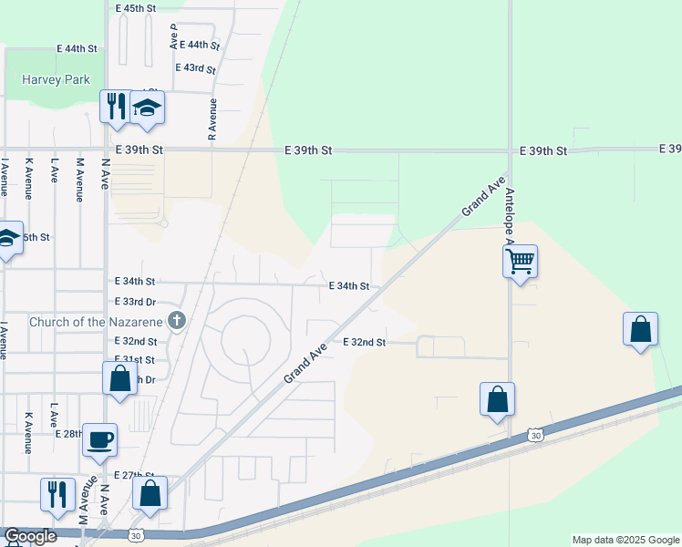 map of restaurants, bars, coffee shops, grocery stores, and more near 2110 East 34th Street in Kearney
