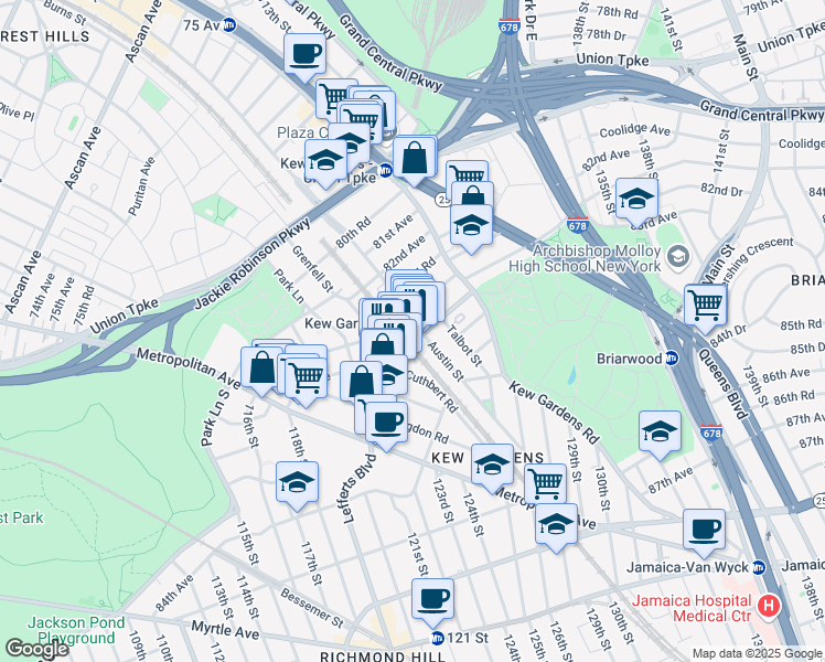 map of restaurants, bars, coffee shops, grocery stores, and more near 82-68 Austin Street in Queens