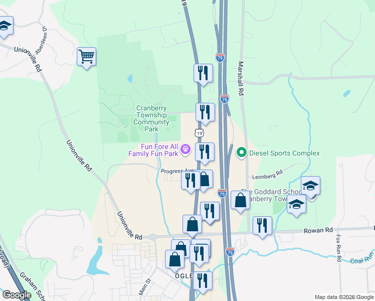 map of restaurants, bars, coffee shops, grocery stores, and more near 20701 U.S. 19 in Cranberry Township