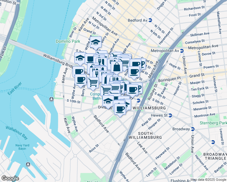 map of restaurants, bars, coffee shops, grocery stores, and more near 185 Broadway in Brooklyn