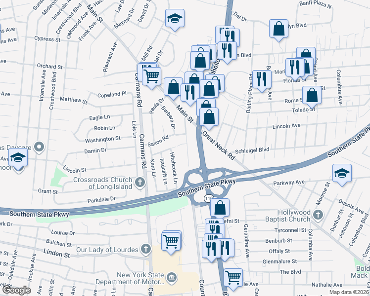 map of restaurants, bars, coffee shops, grocery stores, and more near 25 County Line Road in South Farmingdale