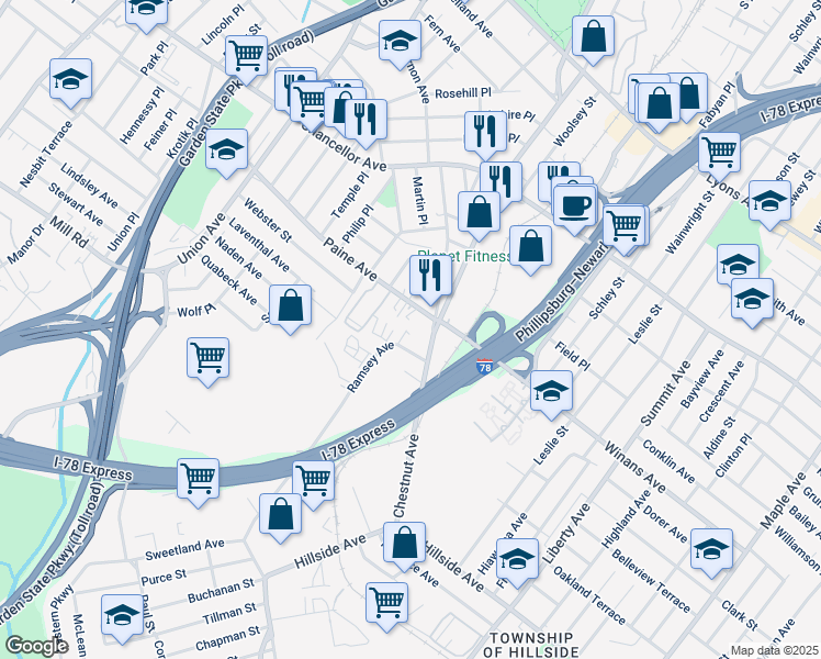 map of restaurants, bars, coffee shops, grocery stores, and more near 16 Paine Avenue in Irvington