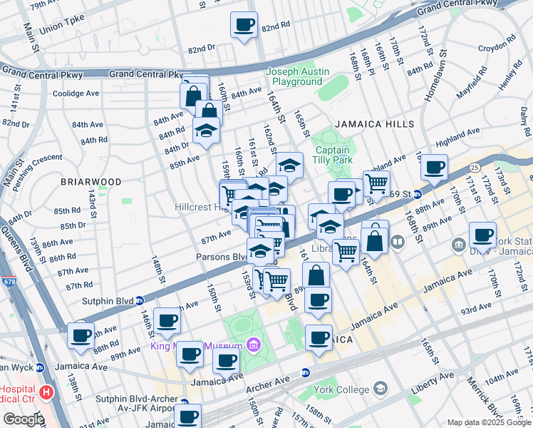 map of restaurants, bars, coffee shops, grocery stores, and more near 87-01 Parsons Boulevard in Queens