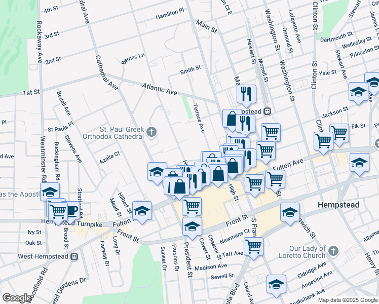 map of restaurants, bars, coffee shops, grocery stores, and more near 86 Hilton Avenue in Hempstead
