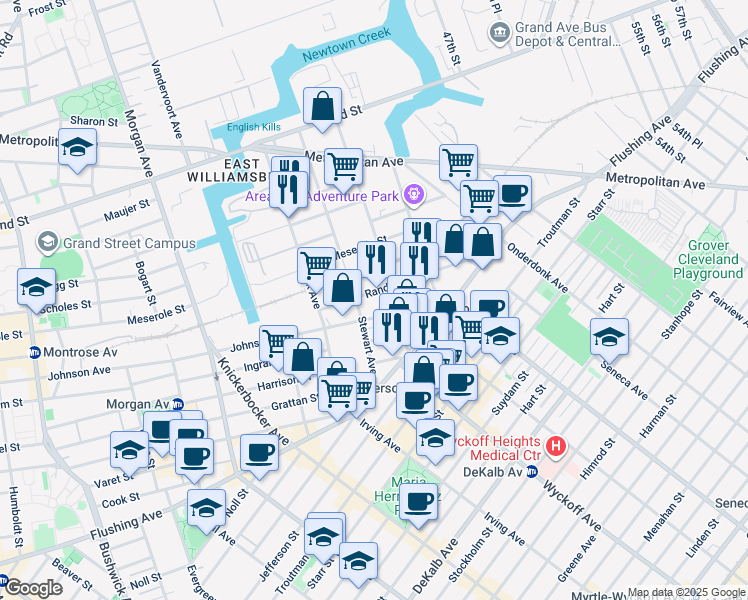 map of restaurants, bars, coffee shops, grocery stores, and more near 165 Randolph Street in Brooklyn
