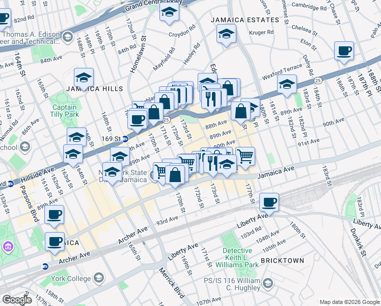 map of restaurants, bars, coffee shops, grocery stores, and more near 1732A 89th Avenue in Queens