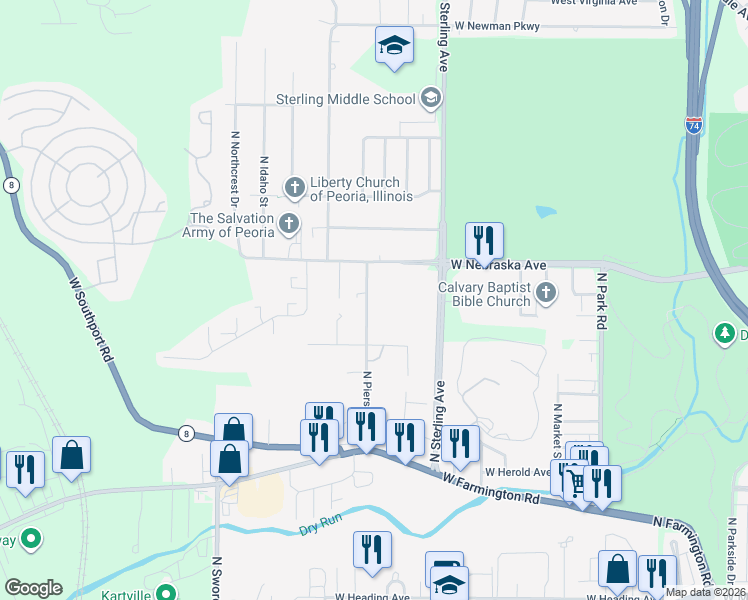 map of restaurants, bars, coffee shops, grocery stores, and more near 1812 North Pierson Avenue in West Peoria
