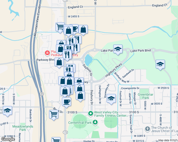 map of restaurants, bars, coffee shops, grocery stores, and more near 5424 Fairgrove Lane in West Valley City