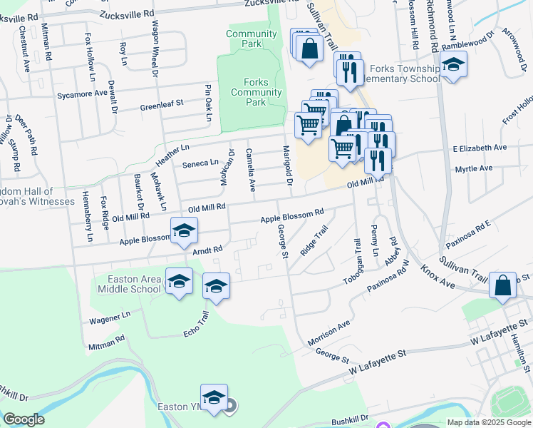map of restaurants, bars, coffee shops, grocery stores, and more near 500 Old Mill Road in Easton