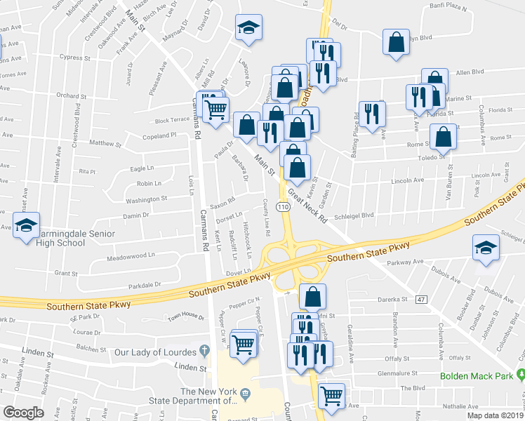 map of restaurants, bars, coffee shops, grocery stores, and more near 30 County Line Road in Farmingdale