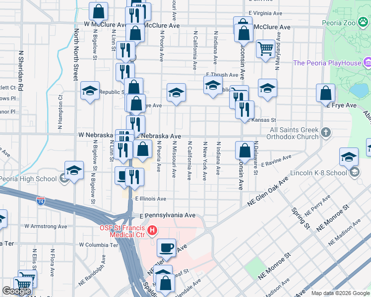 map of restaurants, bars, coffee shops, grocery stores, and more near 1835 North California Avenue in Peoria