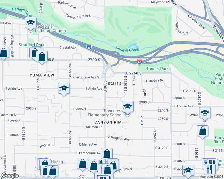 map of restaurants, bars, coffee shops, grocery stores, and more near 2338 East 2815 South in Salt Lake City