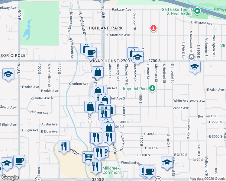 map of restaurants, bars, coffee shops, grocery stores, and more near 2821 Alden Street East in Salt Lake City