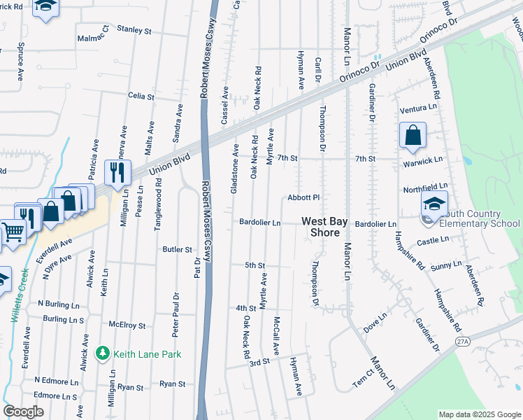 map of restaurants, bars, coffee shops, grocery stores, and more near 614 Oak Neck Road in West Islip