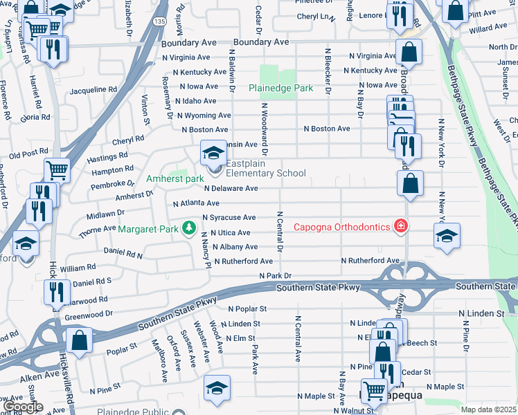 map of restaurants, bars, coffee shops, grocery stores, and more near 445 North Atlanta Avenue in Massapequa