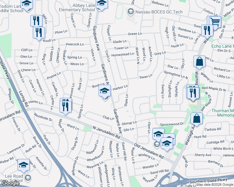 map of restaurants, bars, coffee shops, grocery stores, and more near 14 Harbor Lane in Levittown