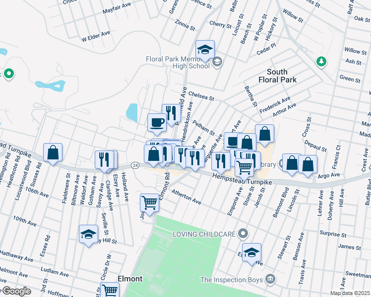 map of restaurants, bars, coffee shops, grocery stores, and more near 63 Carnegie Avenue in Elmont
