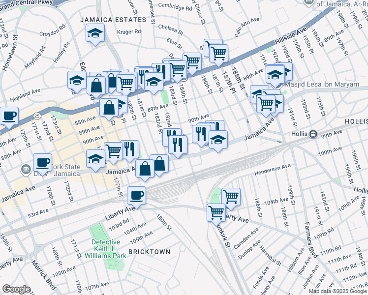 map of restaurants, bars, coffee shops, grocery stores, and more near 91-09 183rd Street in Queens