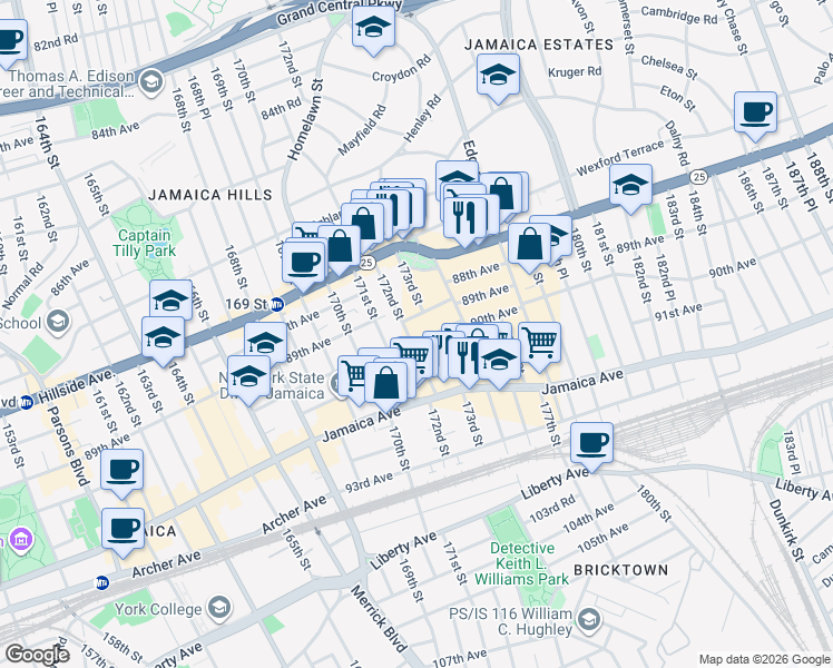 map of restaurants, bars, coffee shops, grocery stores, and more near 1732A 89th Avenue in Queens