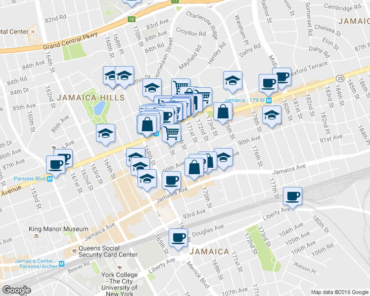 map of restaurants, bars, coffee shops, grocery stores, and more near 88-15 170th Street in Queens