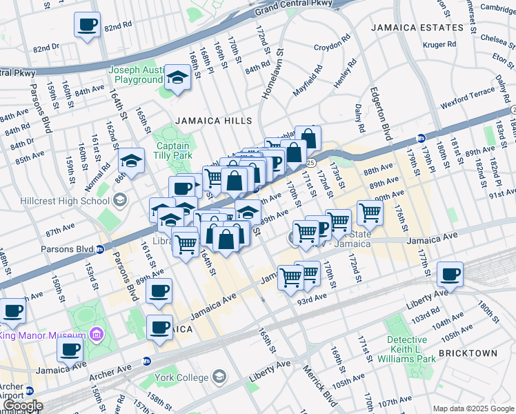 map of restaurants, bars, coffee shops, grocery stores, and more near 168-14 Hillside Avenue in Queens