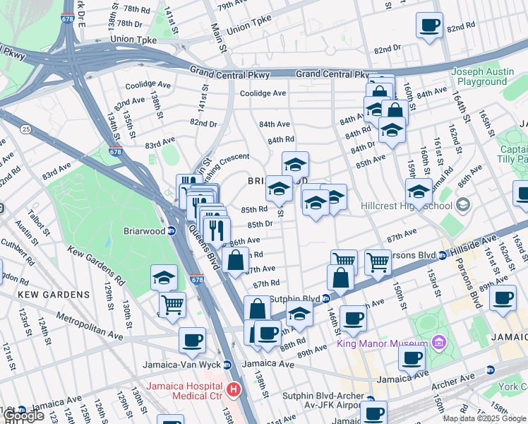 map of restaurants, bars, coffee shops, grocery stores, and more near 141-41 85th Road in Queens