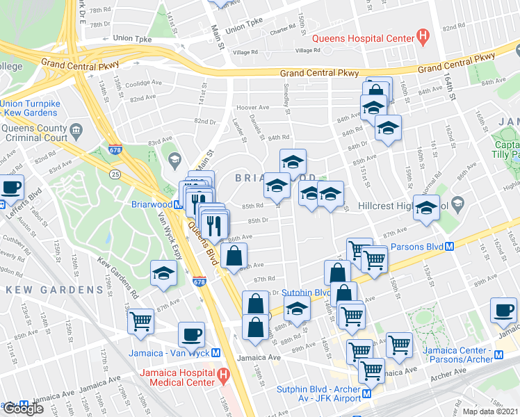map of restaurants, bars, coffee shops, grocery stores, and more near 141-41 85th Road in Queens