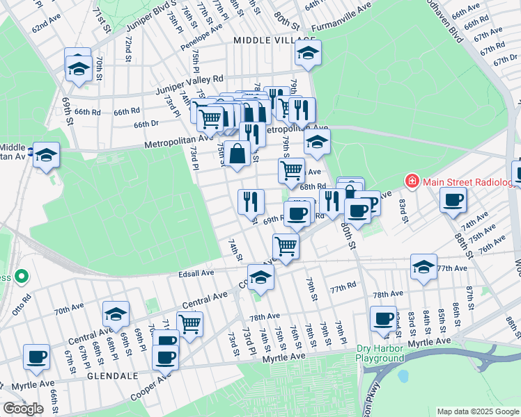 map of restaurants, bars, coffee shops, grocery stores, and more near 68-39 78th Street in Queens