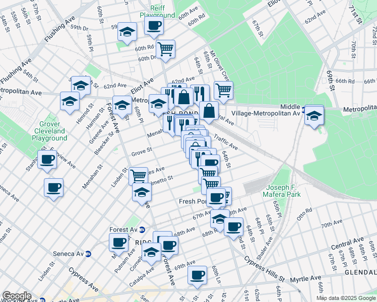 map of restaurants, bars, coffee shops, grocery stores, and more near 64-13 Fresh Pond Road in Queens