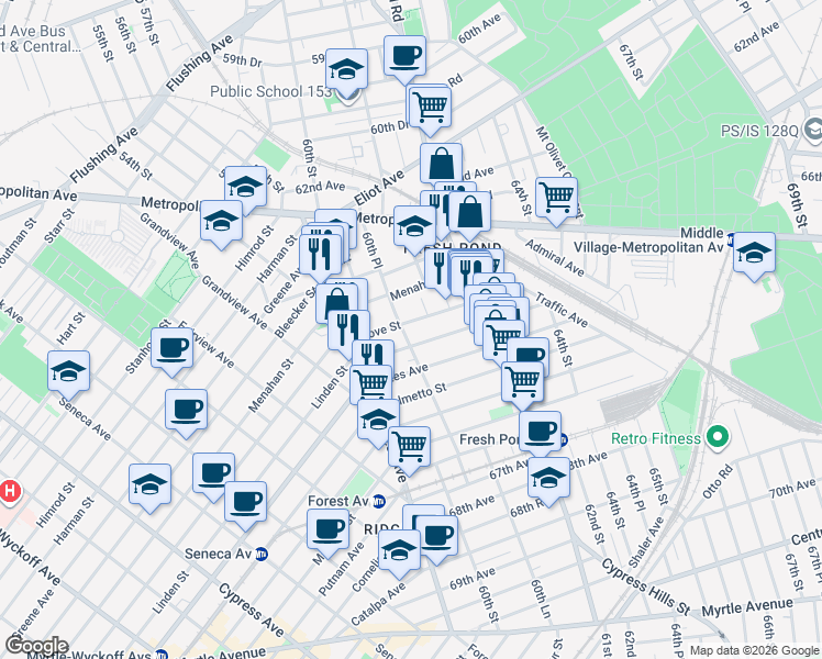 map of restaurants, bars, coffee shops, grocery stores, and more near 6353 60th Place in Queens