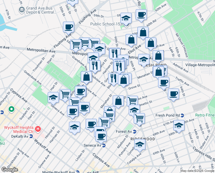 map of restaurants, bars, coffee shops, grocery stores, and more near in Queens