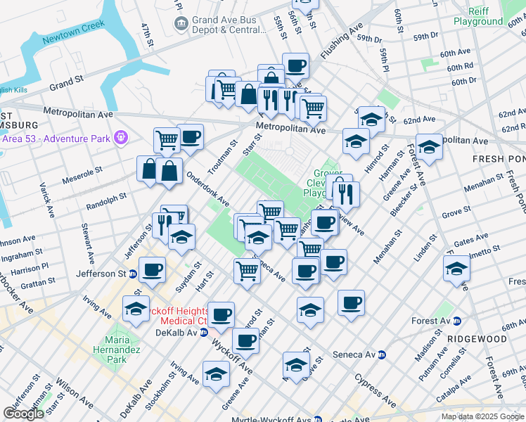 map of restaurants, bars, coffee shops, grocery stores, and more near 18-80 Suydam Street in Queens