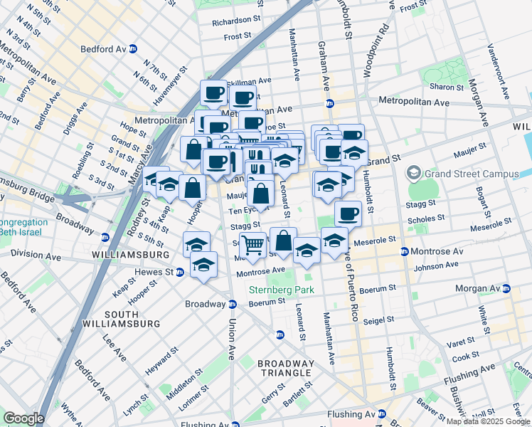 map of restaurants, bars, coffee shops, grocery stores, and more near 49 Ten Eyck Street in Brooklyn