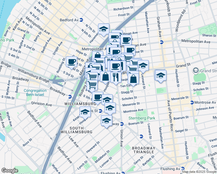 map of restaurants, bars, coffee shops, grocery stores, and more near 392 South 1st Street in Brooklyn