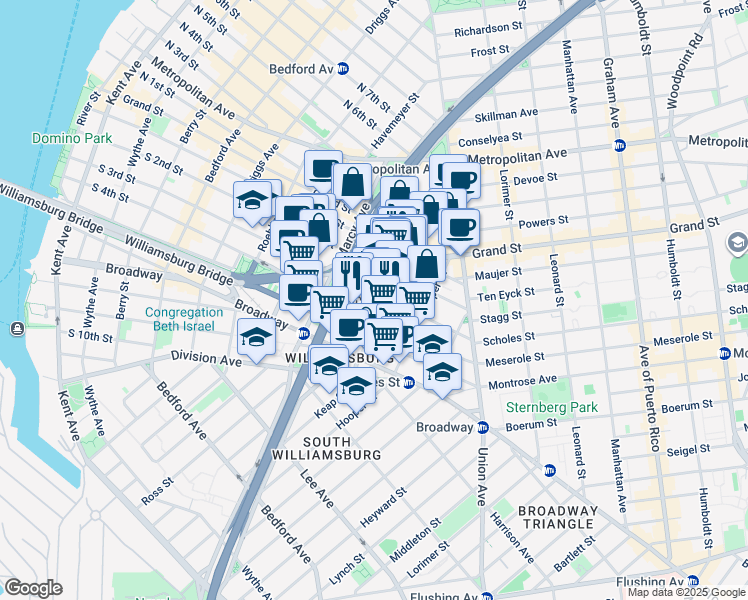 map of restaurants, bars, coffee shops, grocery stores, and more near 325 South 3rd Street in Brooklyn
