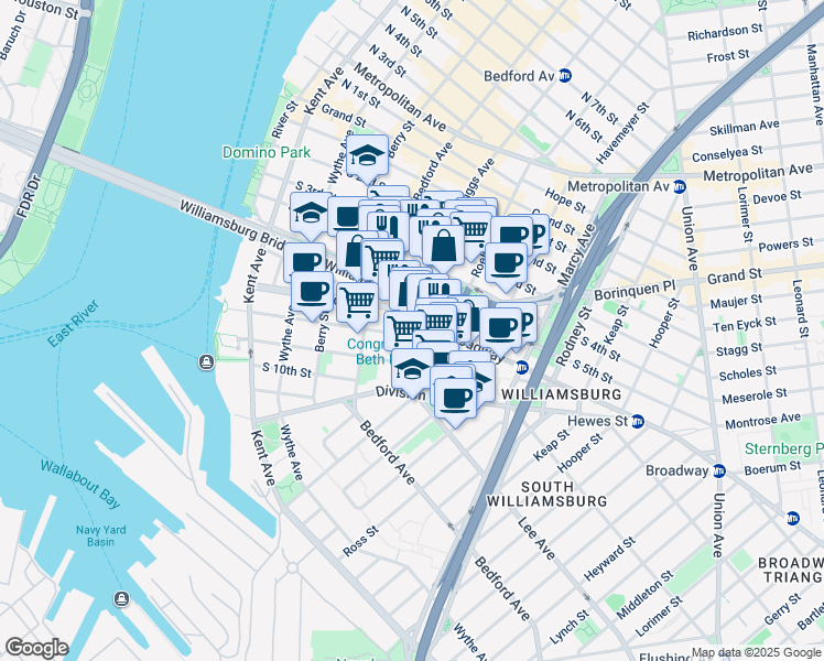 map of restaurants, bars, coffee shops, grocery stores, and more near 185 Broadway in Brooklyn