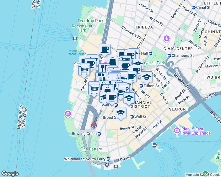 map of restaurants, bars, coffee shops, grocery stores, and more near 221 Washington Street in New York