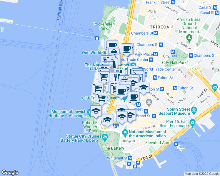 map of restaurants, bars, coffee shops, grocery stores, and more near 315 South End Avenue in New York