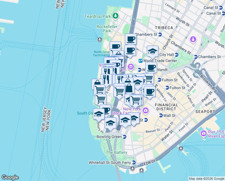 map of restaurants, bars, coffee shops, grocery stores, and more near 315 South End Avenue in New York