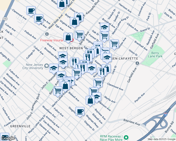 map of restaurants, bars, coffee shops, grocery stores, and more near 165 Claremont Avenue in Jersey City
