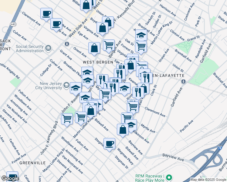 map of restaurants, bars, coffee shops, grocery stores, and more near 165 Claremont Avenue in Jersey City