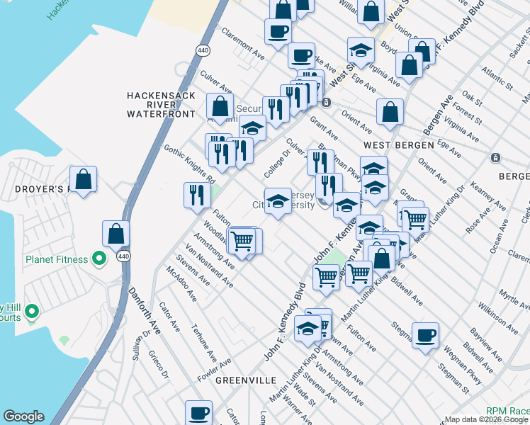 map of restaurants, bars, coffee shops, grocery stores, and more near 356 Stegman Parkway in Jersey City
