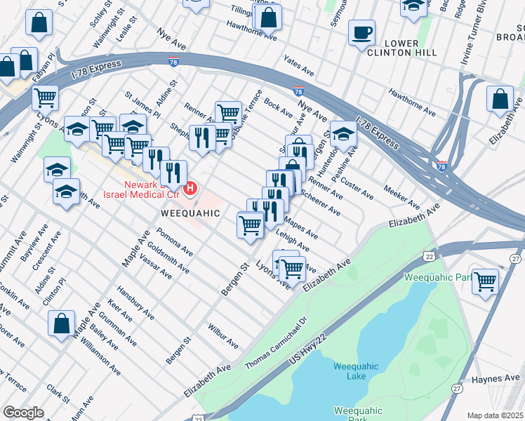 map of restaurants, bars, coffee shops, grocery stores, and more near 123 Mapes Avenue in Newark