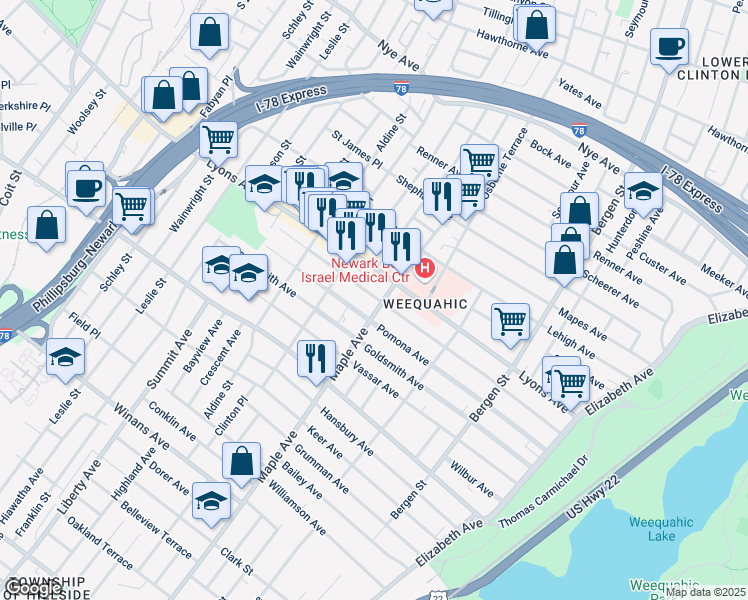 map of restaurants, bars, coffee shops, grocery stores, and more near 201 Lyons Avenue in Newark