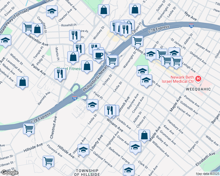 map of restaurants, bars, coffee shops, grocery stores, and more near 361 Keer Avenue in Newark